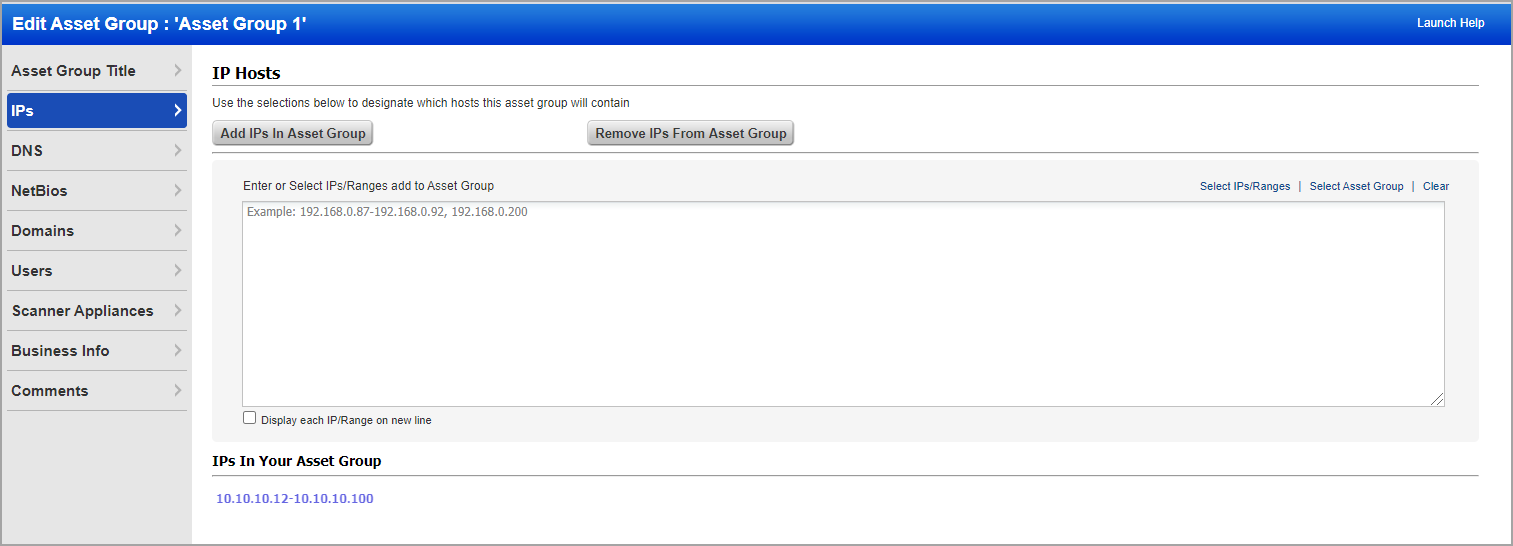 IPs tab in Edit Asset Group with box for entering IPs to add