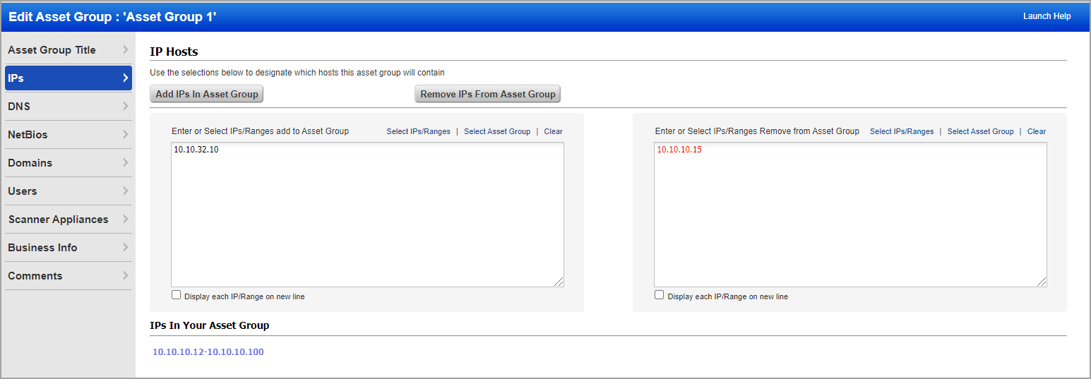 IPs tab in Edit Asset Group with boxes for entering IPs to add and remove