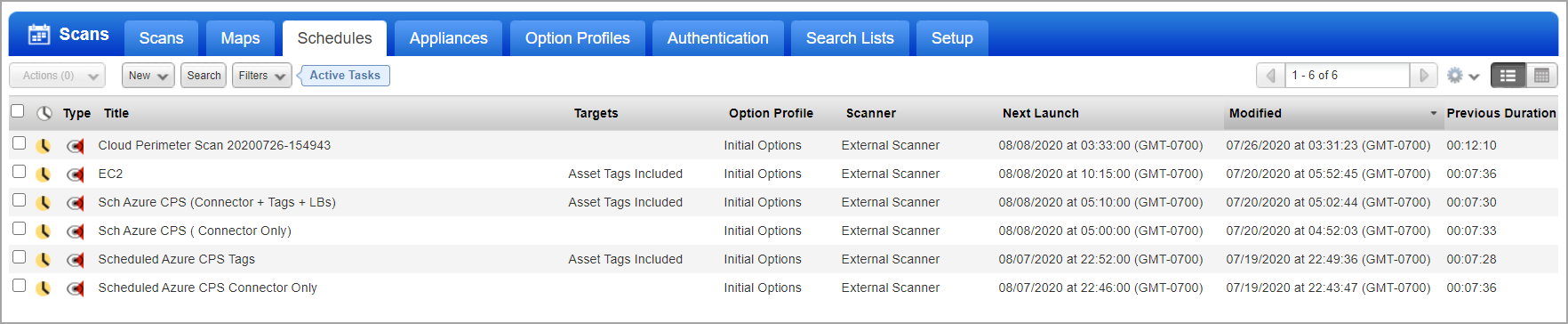 Schedules list with scan jobs