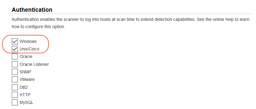 Authentication options in VM option profile