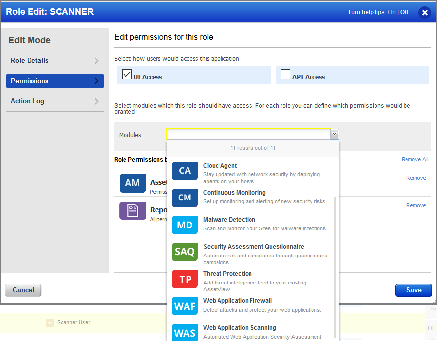 Modules selection in Permissions section of Role Edit